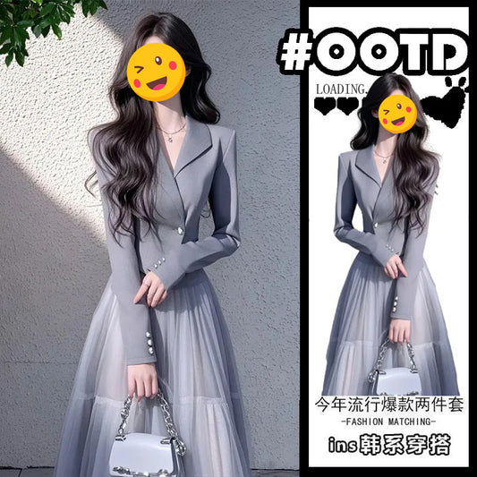 2025Spring 2023 Light Luxury High-End Elegant Socialite Little Chanel Style Gray Blazer Mesh Skirt Set