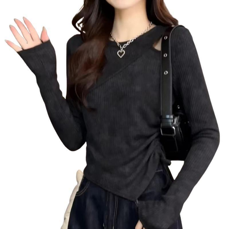 Plus Size Fat mm Autumn Base Shirt Korean Style Round Neck Hollow Design Tie-Dye Waist Drawstring Slimming Long Sleeve Top for Women