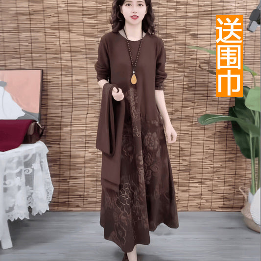 High-End Boutique New Autumn Winter Fashion Elegant Middle-Aged Women's Long Dress Slimming Dress with Scarf