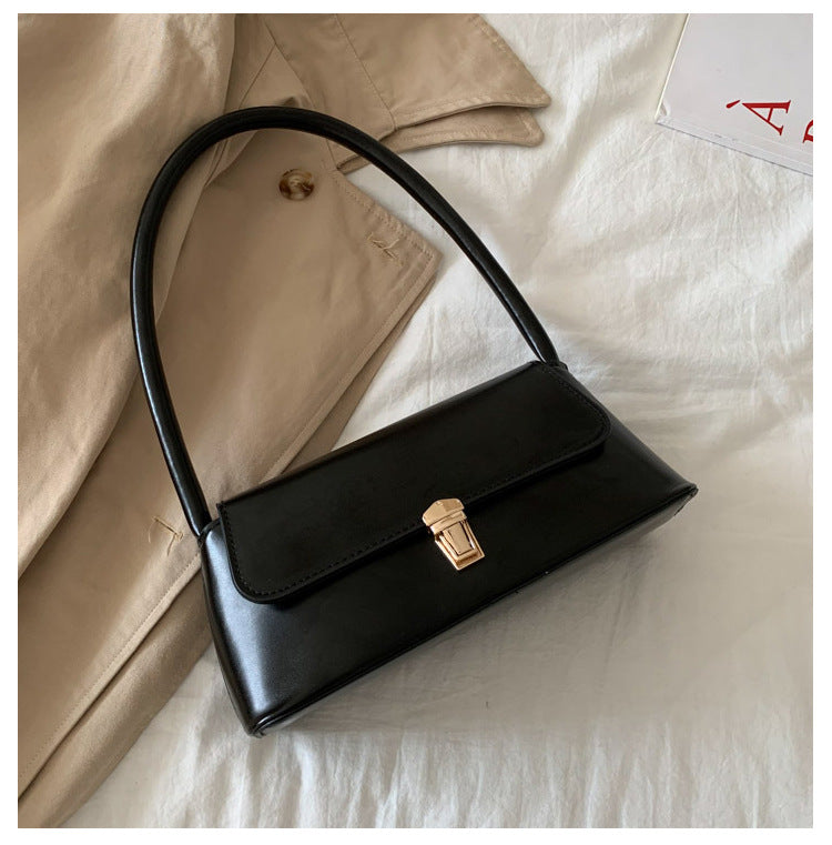Textured French Style Women's New Fashion Retro2025Large Capacity Casual Solid Color Lock Buckle Handheld Baguette Underarm Bag for Women