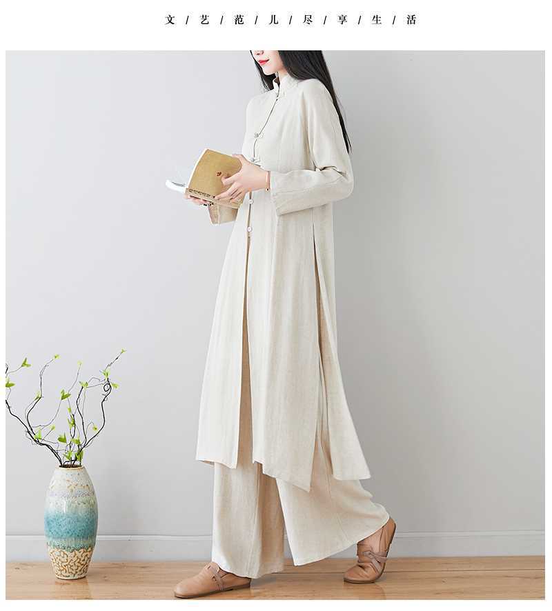 Real Shot 2024Linen Tea Clothing Spring and Autumn Zen Style Layperson Clothing Hanfu Chinese Style Tang Suit Set