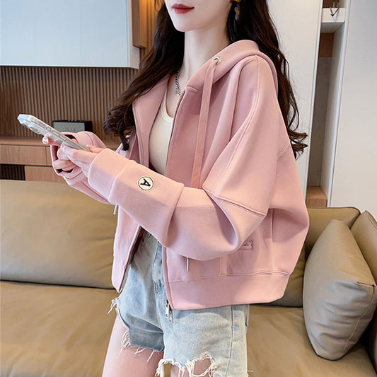 Spring and Autumn Short Hooded Sweatshirt Jacket for Petite Women, New Thin Loose Stylish Zipper Cardigan for Autumn and Winter