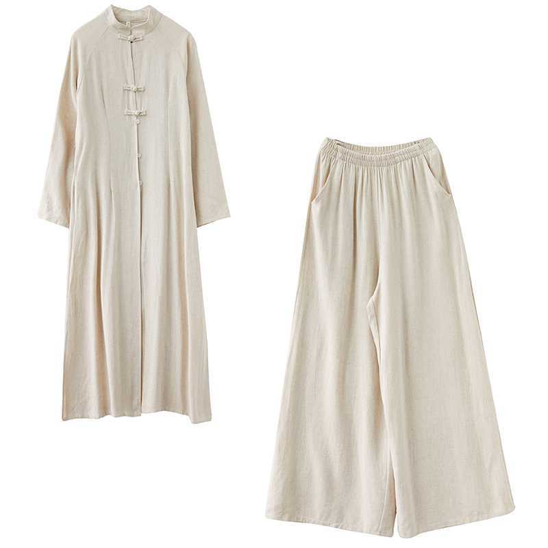Real Shot 2024Linen Tea Clothing Spring and Autumn Zen Style Layperson Clothing Hanfu Chinese Style Tang Suit Set