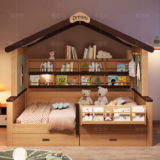 Children's Bed with Integrated Bunk, Space-Saving Bed with Guardrail, Double Tatami, Girl's Treehouse Princess1.35Bunk bed
