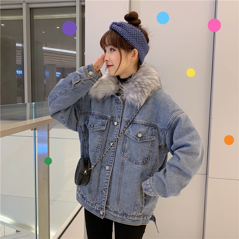 Cross-Border2022Winter New Korean Style Loose Thickened Fleece Rabbit Fur Inner Large Fur Collar Denim Jacket Women's Cotton Coat