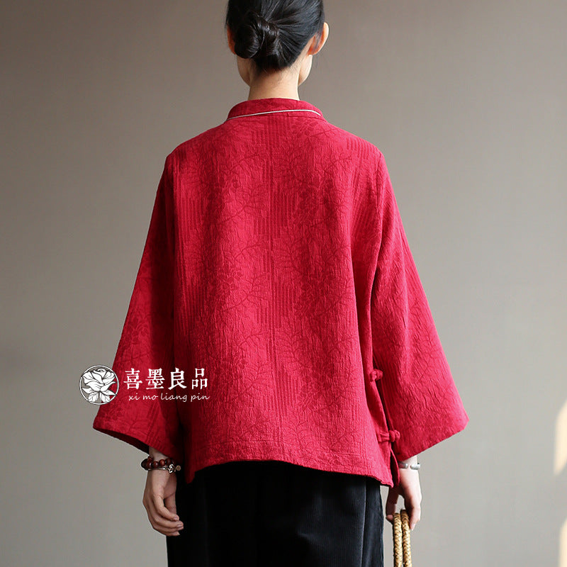 8813Xi Mo Women's Clothing Republic of China Retro Artistic Spring and Autumn New Double Layer Jacquard Button Shirt Chinese Style Short Top