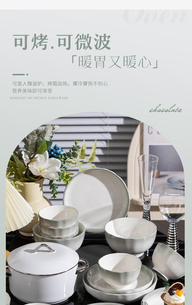 Nordic Style Gradient Color Bowl and Plate Set for Home Use, Thickened Lace Ceramic Tableware, Bowl and Plate Combination, Underglaze Color Bowl Set