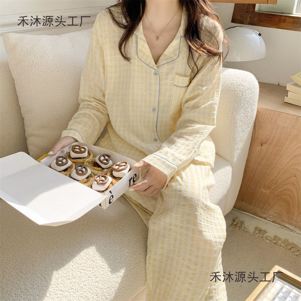 Spring and Autumn Japanese Style ins Color-Block Plaid Couple Pajamas for Women, Simple Outerwear, Cute Long-Sleeve Homewear, Men's Set