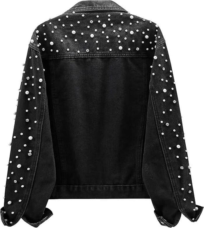 Cross-Border Amazon ebay European and American Style Pearl Denim Jacket Short Rhinestone Denim Jacket Coat Top