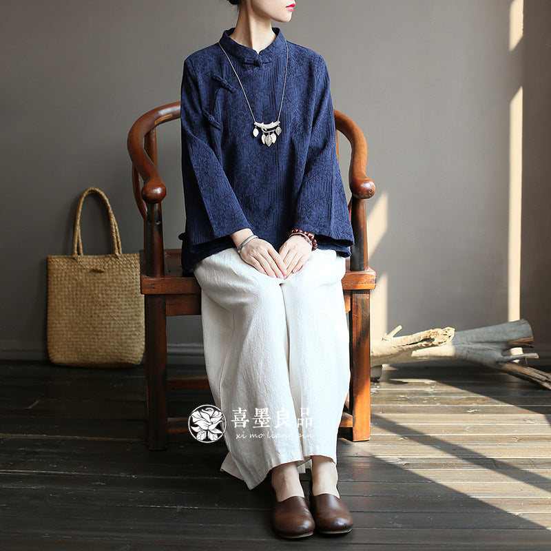 8813Xi Mo Women's Clothing Republic of China Retro Artistic Spring and Autumn New Double Layer Jacquard Button Shirt Chinese Style Short Top