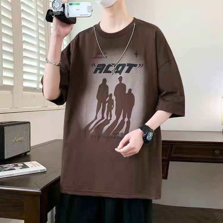 2025Summer New Men's Youth Casual Stylish Trendy Loose Short Sleeve T Shirt Gradient Color for Middle and High School Students