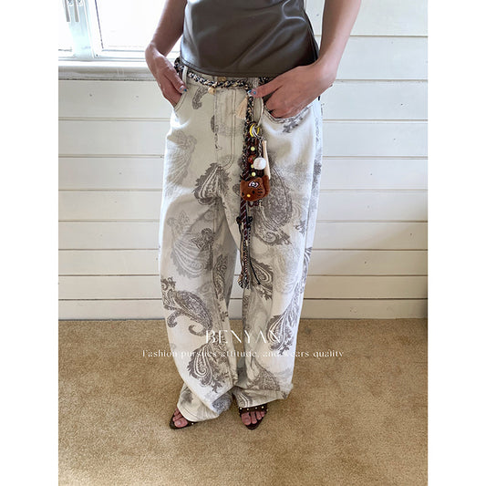Original text Thirteen Lines Autumn Loose Retro Print Versatile Casual Jeans for Women【Includes Waist Belt】82285