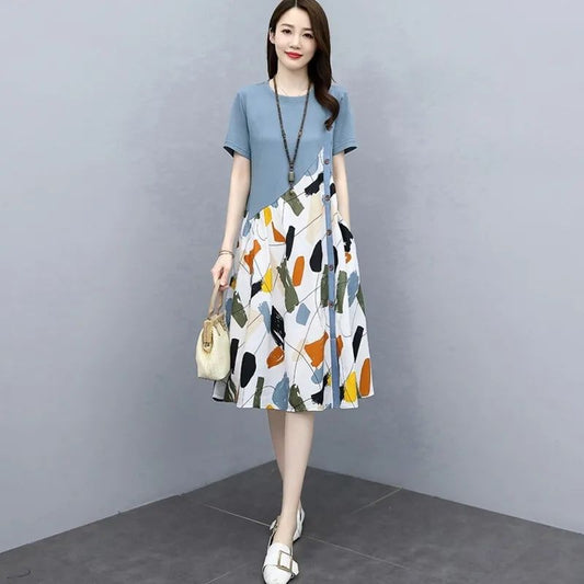 Summer Plus Size Fashion Patchwork Dress2025New Loose Slimming Belly-Covering Age-Reducing Elegant Fake Two-Piece Dress