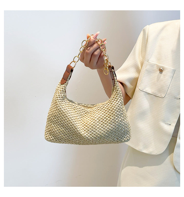 South Korea ins Vintage Woven Tote Bag Straw Bag Large Capacity Underarm Bag Shoulder Bag Vacation Style Beach Bag for Women