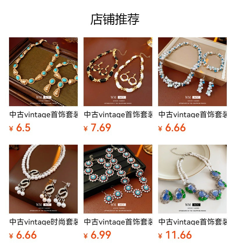 Medieval vintage Jewelry Set Silver Needle Oil Drop Flower Bow Pearl Earrings High-end Vintage Necklace
