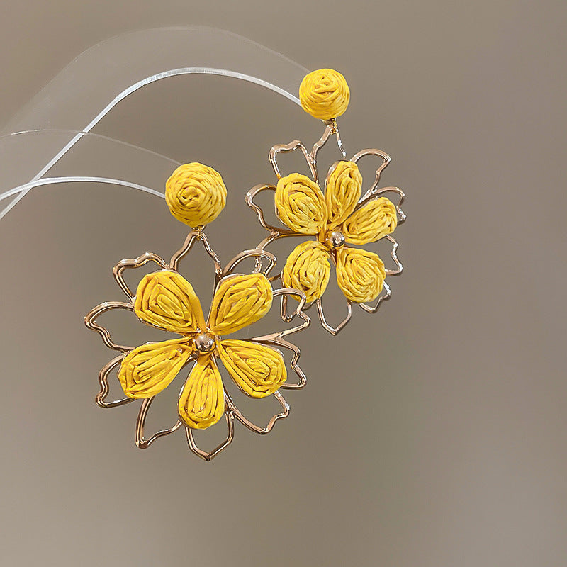 Resort Style Silver Needle Fabric Flower Tassel Earrings High-End Fashion Earrings Bohemian Sweet Exaggerated Ear Jewelry
