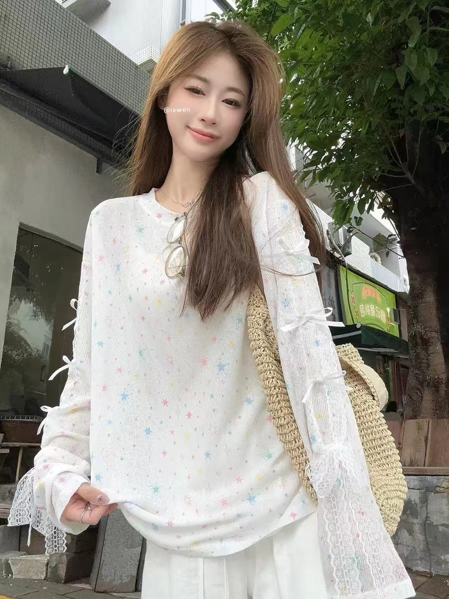 Dopamine Star Sun Protection Long Sleeve Knit Top Autumn2024New Loose Bowknot Design Niche Top