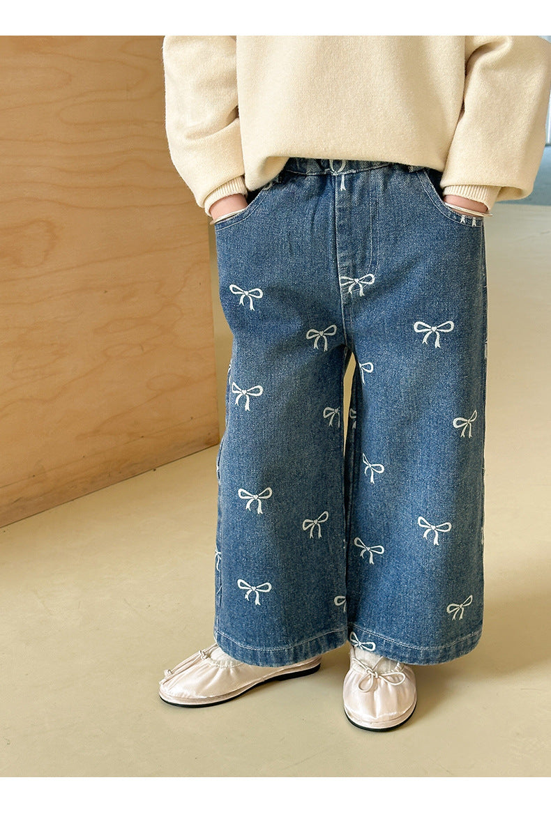 Girls' Pants Bowknot Print Jeans Wide Leg Straight2025Autumn New Fashionable and Stylish for Girls and Young Children