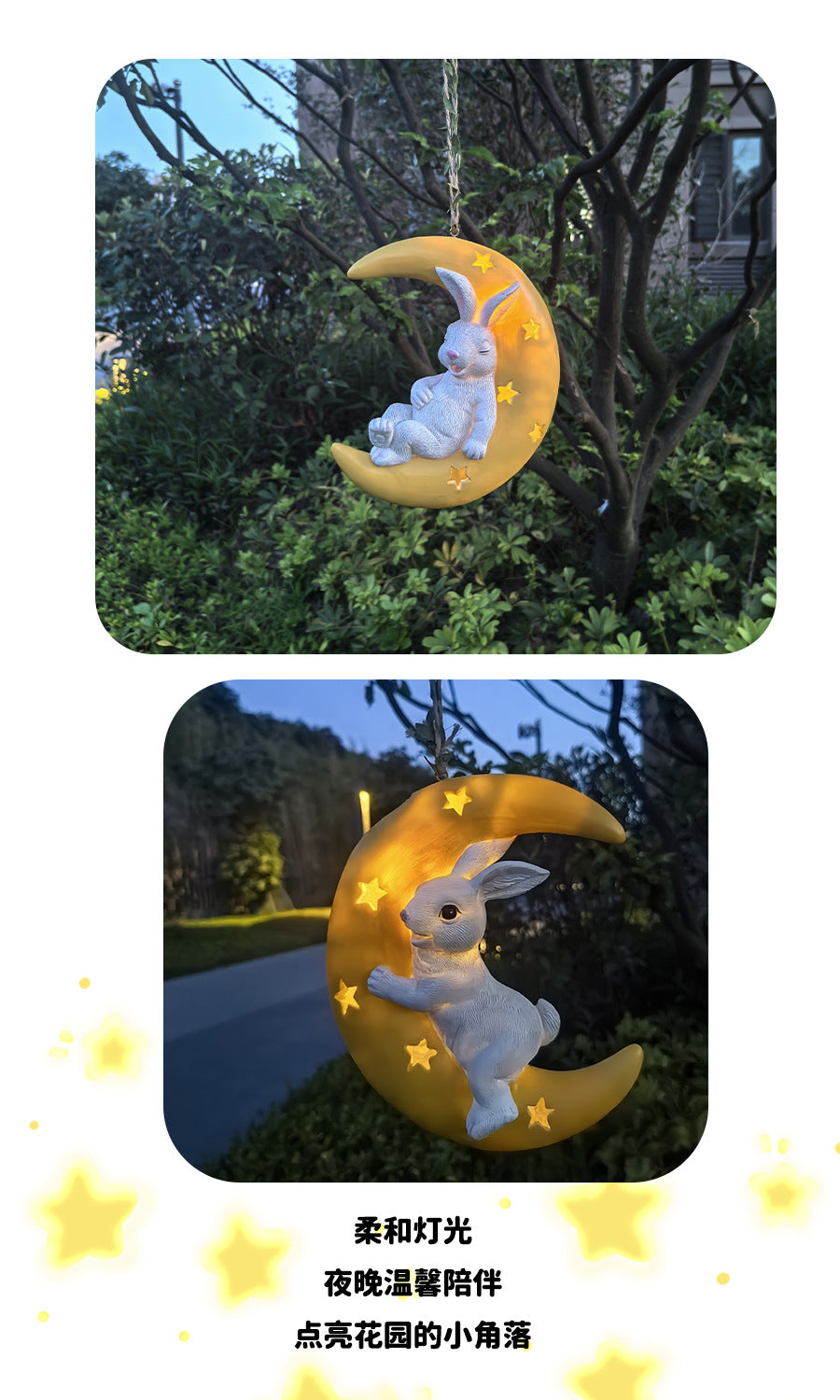 Cute Rabbit Moon Solar Pendant Outdoor Garden Courtyard Tree Hanging Balcony Pipe Kindergarten Decoration Ornament