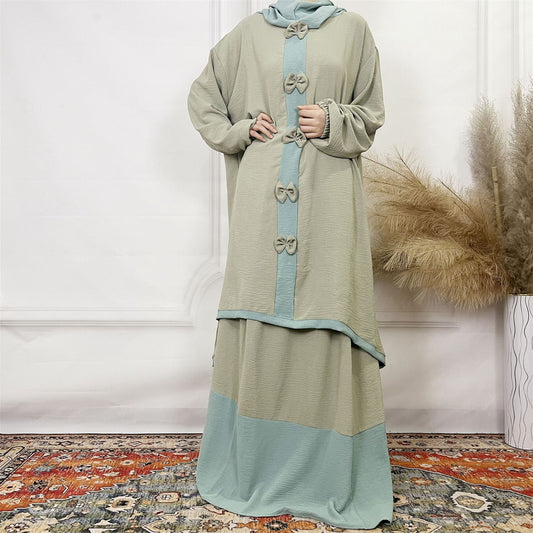2024Aliexpress Muslims Fashion Women's Two-Piece Set with Bowknot, Solid Color Double-Layer Hat and Robe Set