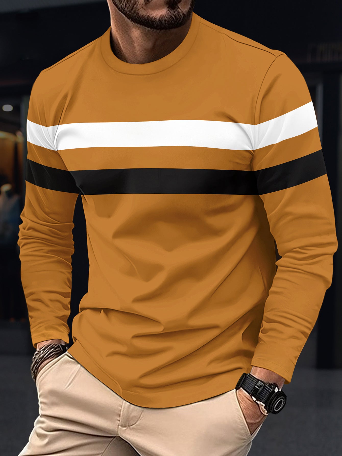 Cross-Border Trade Plus Size Autumn Winter Men's Crew Neck Long Sleeve Color Block Base Shirt Pullover Thin Long Sleeve T Men's T-shirt