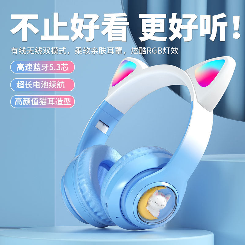Space Capsule Cat Ear Bluetooth Headphones5.3Head-mounted Cute Glowing Cross-border Hot Item STN28S Ultra-long life battery