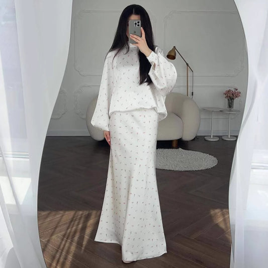 2025Autumn European and American Cross-Border New Loose Comfortable Elegant Shirt Sleeve Floral Top Half Skirt Set Women's Clothing
