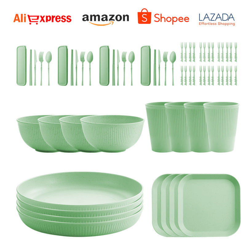 TEMU Amazon Wheat Straw Plate Bowl Cup Tableware Set Household Dining Plate Rice Bowl Water Cup Tableware Set Eco-friendly