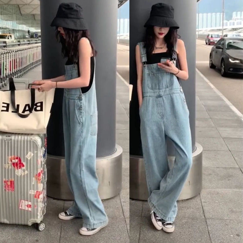 Internet Celebrity Floor-Length Pants2024Spring Summer New Long Pants Korean Style Loose Plus Size High Waist Wide Leg Jeans Overalls for Women