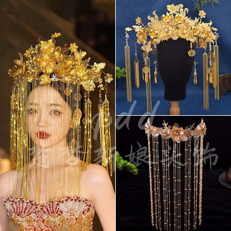 Bridal Hair Accessories Set Tiara Versatile Qing Dynasty Style Xiuhe Costume Crown Veil Hair Accessories Makeup Gold