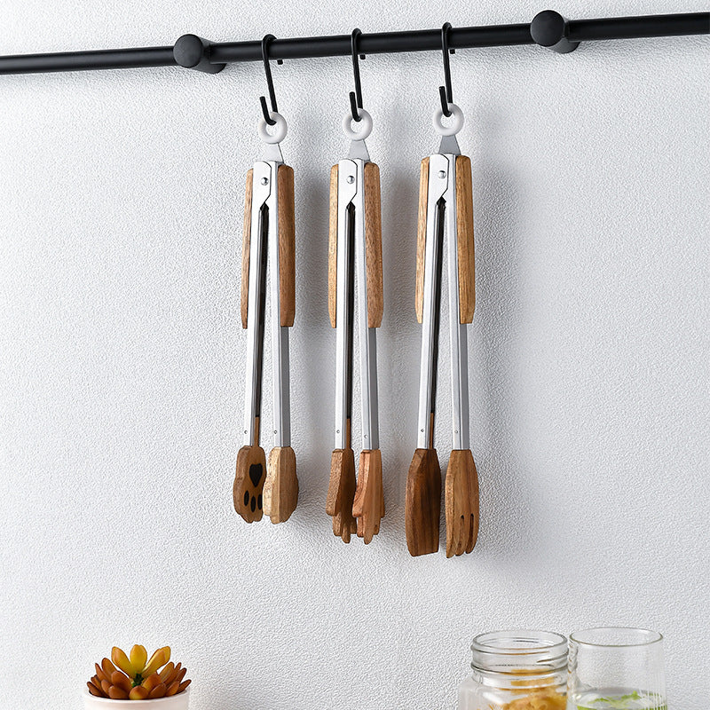 New Cross-Border Acacia Wood Food Clip Food Clip Cat Paw Palm Clip Stainless Steel BBQ Barbecue Tongs Steak Tongs