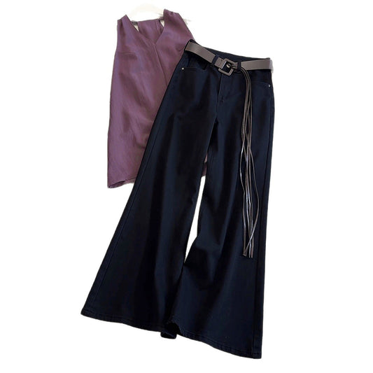 Quality Denim Wide-Leg Pants for Women2025New Autumn Casual High-Waisted Loose Flared Slimming Straight Pants