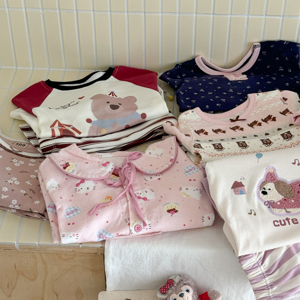 Girls A Pajama Set2025Autumn Girls Korean Style Homewear Baby Cute Cartoon Print Two-Piece Set Trendy