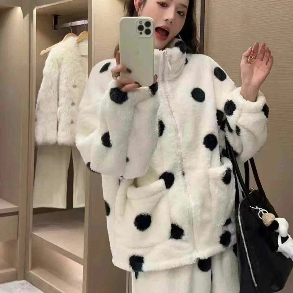 Cute Polka Dot Couple Homewear Autumn Winter Coral Fleece Thickened Zipper High Neck Homewear Set Suitable for Outerwear
