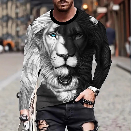 European and American Cross-Border Amazon Foreign Trade Men's Animal Fashion3D Digital Printing Casual Round Neck Long Sleeves T T-Shirt Wholesale