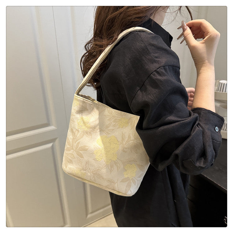 Lady's New Chinese Style Starlight Dream Tote Bag Black Shoulder Bag Embroidered Flower Vintage Handbag