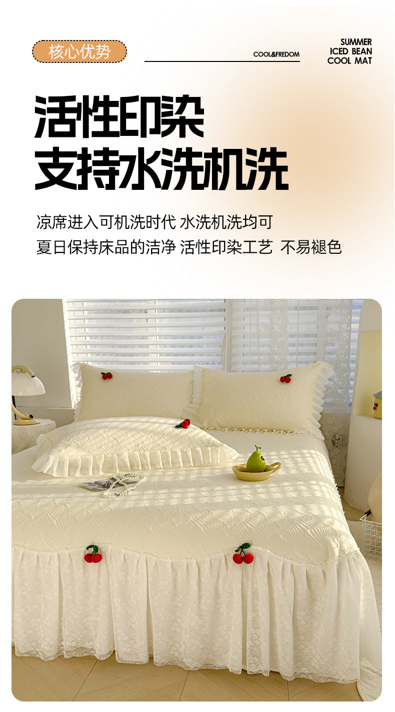 Summer Ice Silk Cooling Mat Lace Edge Cool Soft Mat Three-Piece Set Ethylene Fiber Ice Bean Mat Bed Skirt Style Bedding