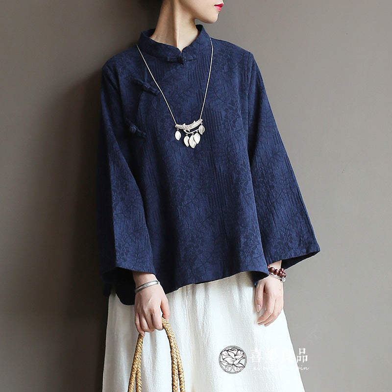 8813Xi Mo Women's Clothing Republic of China Retro Artistic Spring and Autumn New Double Layer Jacquard Button Shirt Chinese Style Short Top