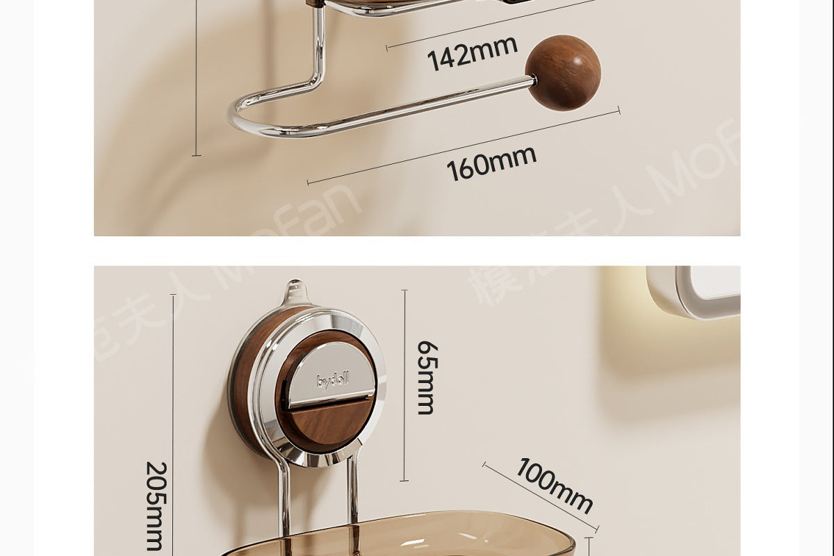 Walnut Wood Suction Cup Soap Holder Wall-Mounted Bathroom No-Drill Storage Rack Soap Box