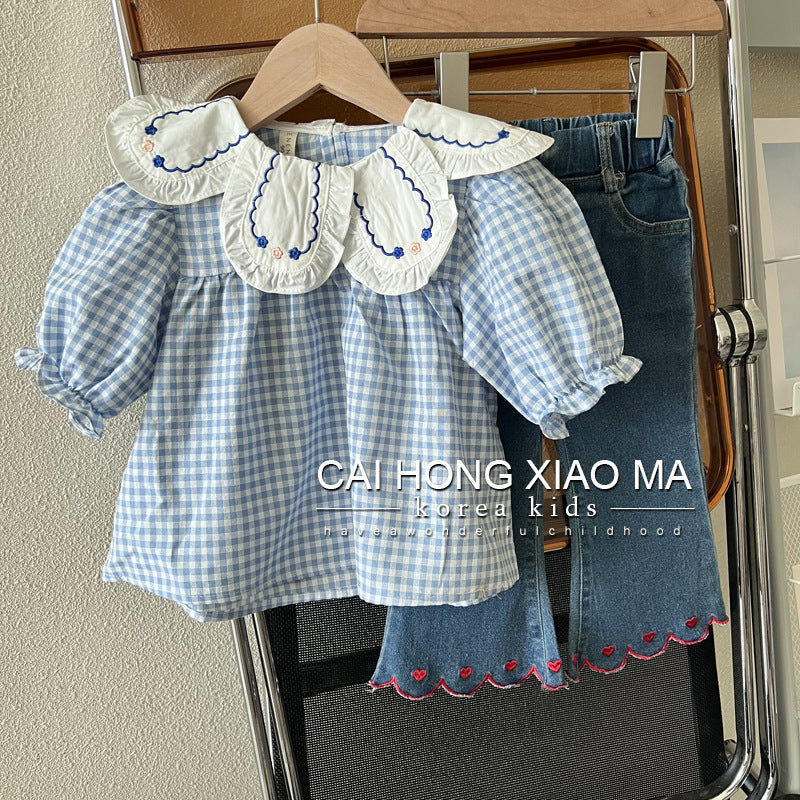 2025Autumn Children's Clothing Girls' Puff Sleeve Shirt Stylish Blue Plaid Baby Doll Long Sleeve Top