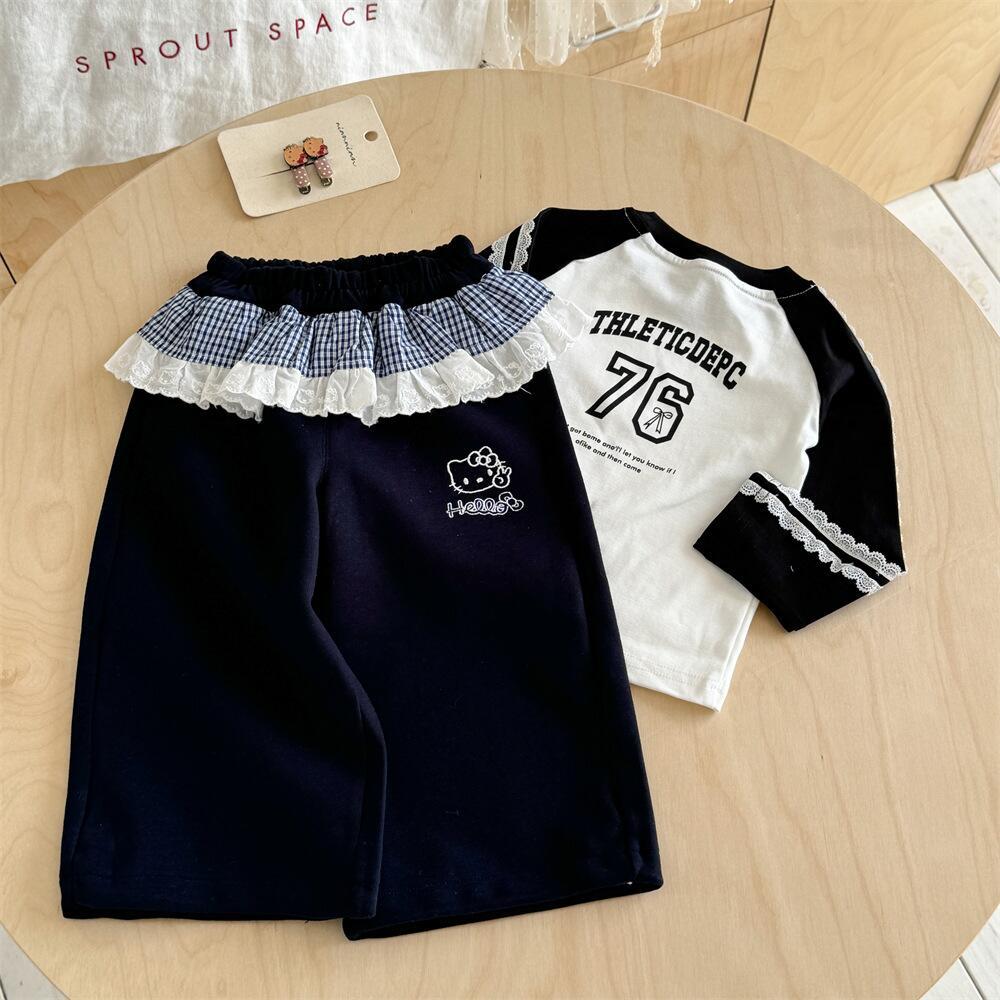 Sweet Little Girl Outfit2025Autumn Cartoon Print Long Sleeve T Trendy Fashionable Casual Cargo Pants with Curtain Design