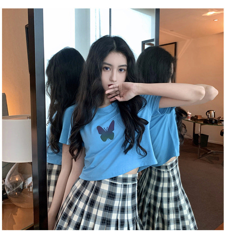 Summer2025New Year's Trendy Internet Celebrity Couple Outfit Reflective Butterfly Short Sleeve t Women's Summer T-shirt ins Super Popular Short Top
