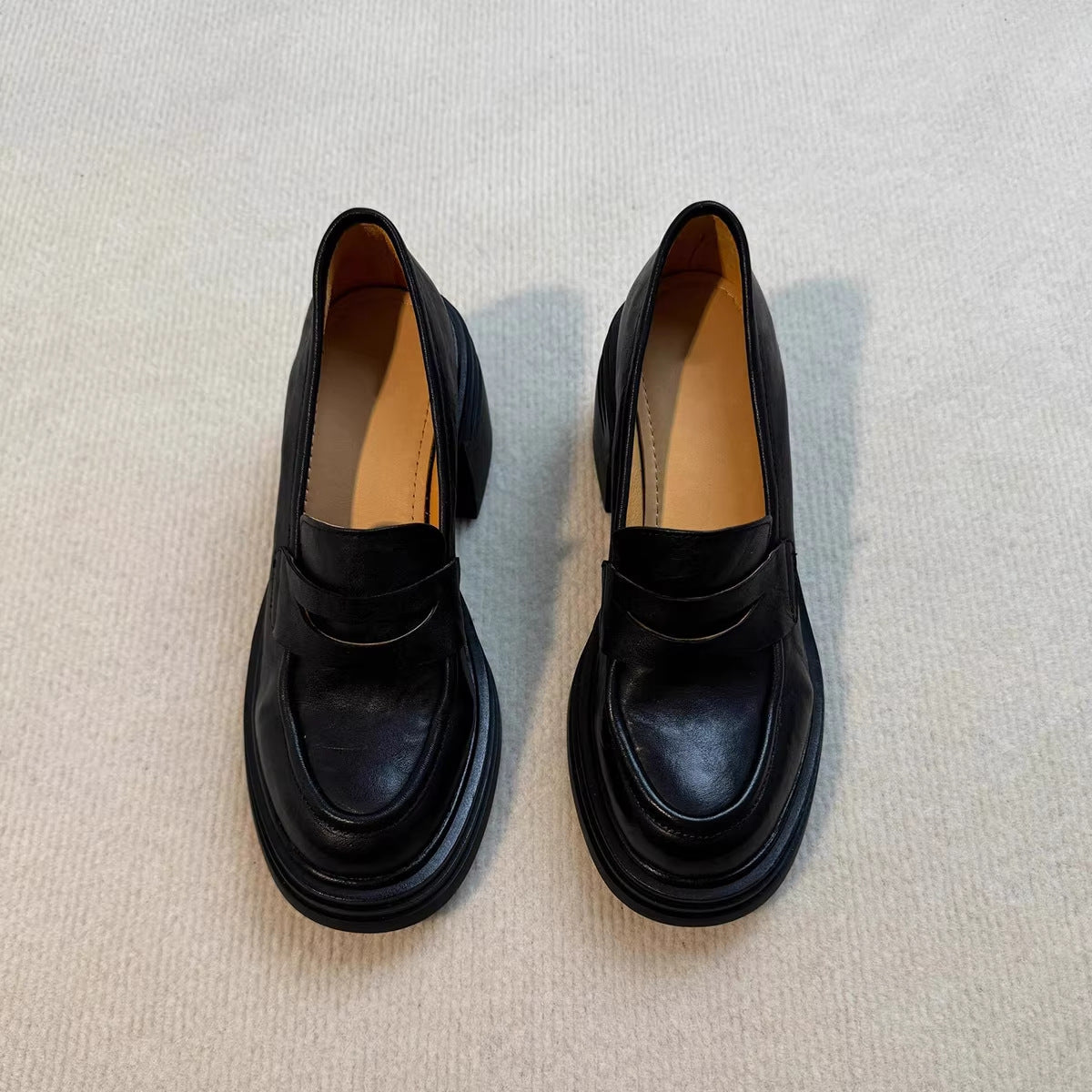 Soft Leather Version~Lancui Thick-Soled Chunky Heel Loafers for Women, Retro Style, Height-Increasing Slip-On Simple Leather Shoes for Petite Women