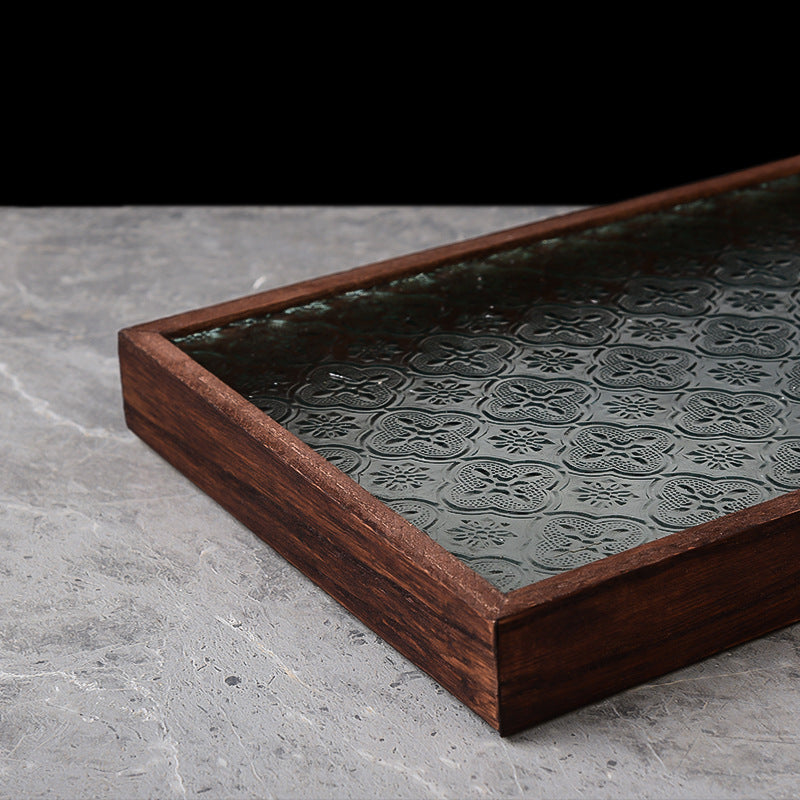 Begonia Embossed Glass Tray Walnut Color Rectangular Tea Tray Storage Ornaments Tea Water Cup Fruit Snack Plate