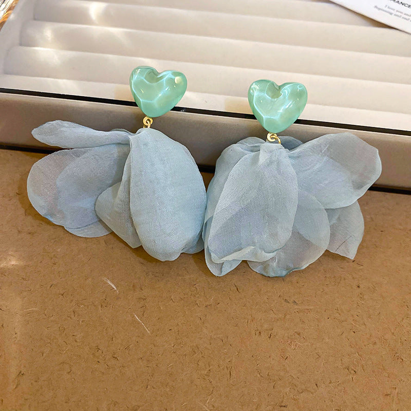 Resort Style Silver Needle Fabric Flower Tassel Earrings High-End Fashion Earrings Bohemian Sweet Exaggerated Ear Jewelry