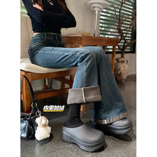 Washed Fleece-Lined Flared Jeans for Women, Autumn and Winter Vintage Slim High-Waisted Slimming Floor-Length Pants, Leg-Shaping