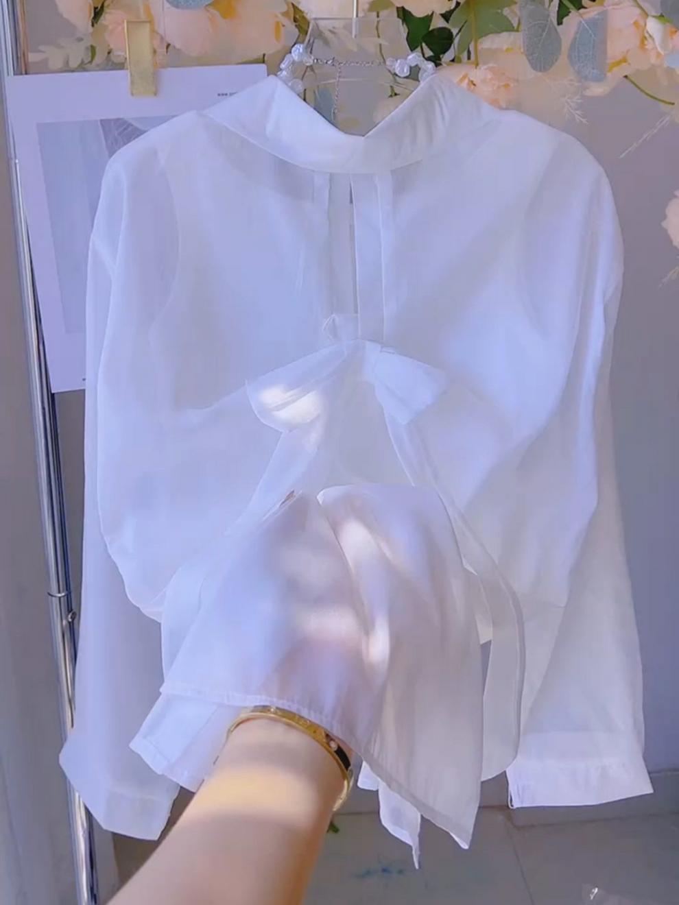 2025Summer Gentle Sweet Back Bow Pearl Sunscreen Blouse for Women Thin Sheer Chiffon Shirt Top