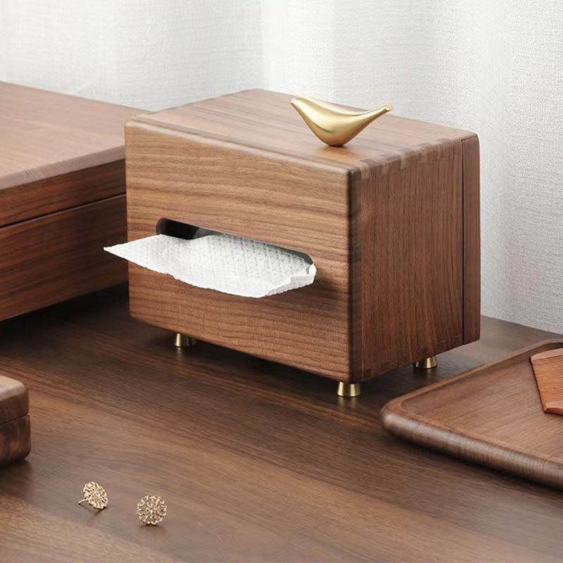 Black Walnut Wood Tissue Box for Home Living Room, Copper Bird Tissue Box, Desktop Ornament, Wooden Tissue Storage Box