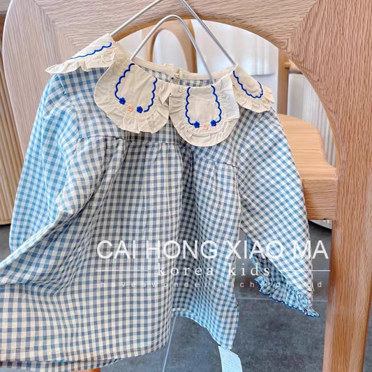 2025Autumn Children's Clothing Girls' Puff Sleeve Shirt Stylish Blue Plaid Baby Doll Long Sleeve Top