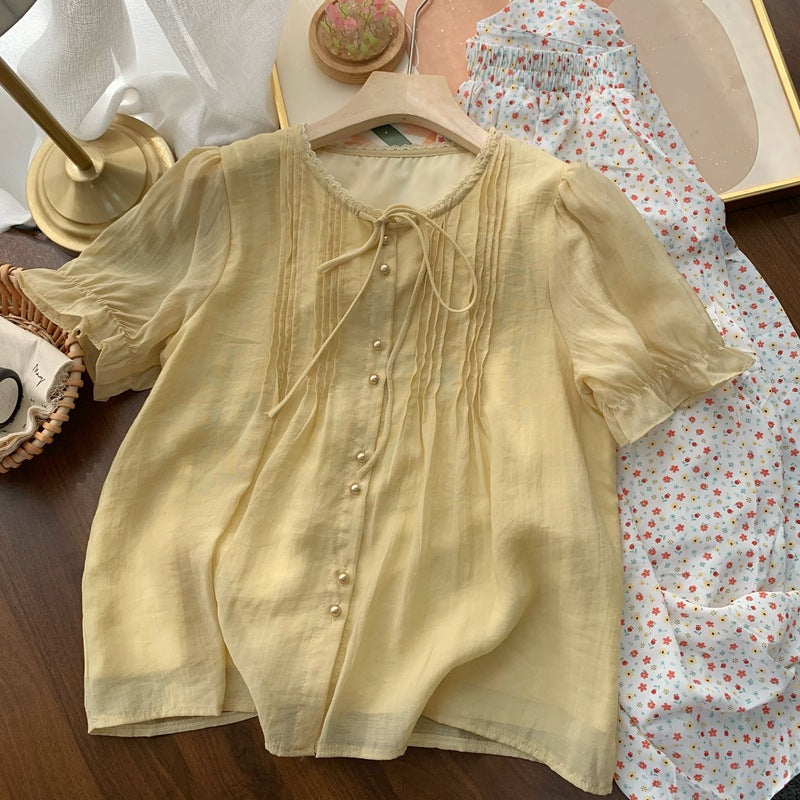 Real Shot◆Private Server Edition！French Style Round Neck Breathable Comfortable Light Pink Lace-Up Loose Shirt Chiffon Blouse